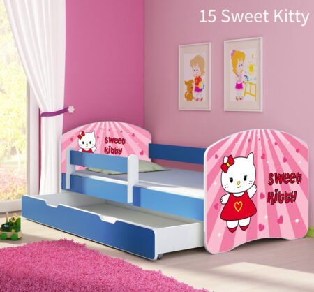 Dječji krevet ACMA s motivom, bočna plava + ladica 140x70 cm 15 Sweet Kitty