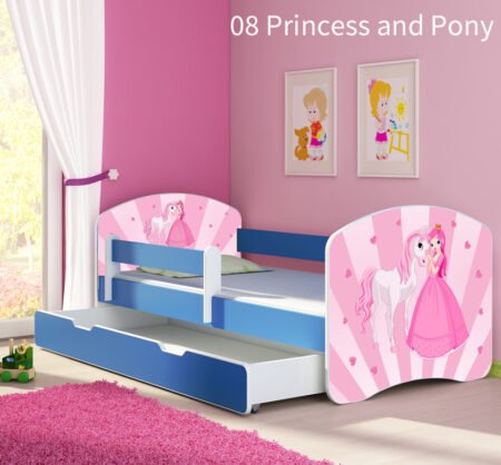 Dječji krevet ACMA s motivom, bočna plava + ladica 140x70 cm 08 Princess with Pony