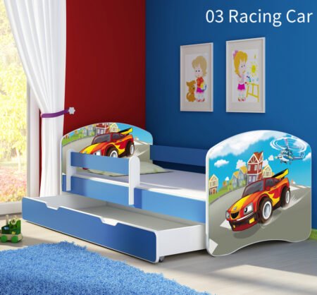 Dječji krevet ACMA s motivom, bočna plava + ladica 140x70 cm 03 Racing Car