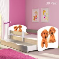 Dječji krevet ACMA s motivom, bočna sonoma + ladica 140x70 cm 39 Psići