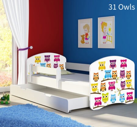 Dječji krevet ACMA s motivom, bočna bijela + ladica 180x80 cm 31 Owls