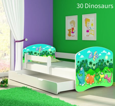 Dječji krevet ACMA s motivom, bočna bijela + ladica 180x80 cm 30 Dinosaurs