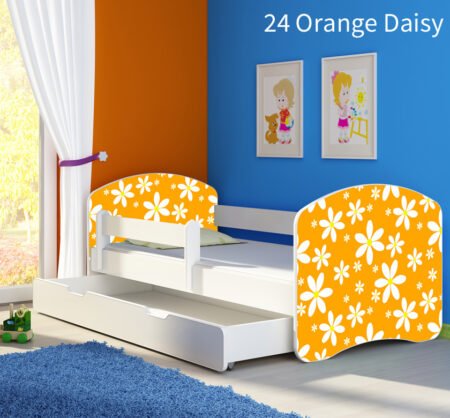 Dječji krevet ACMA s motivom, bočna bijela + ladica 180x80 cm 24 Orange Daisy