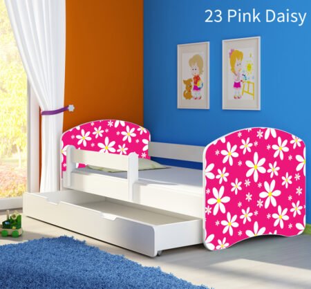 Dječji krevet ACMA s motivom, bočna bijela + ladica 160x80 cm 23 Pink Daisy