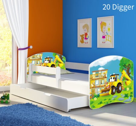 Dječji krevet ACMA s motivom, bočna bijela + ladica 180x80 cm 20 Digger
