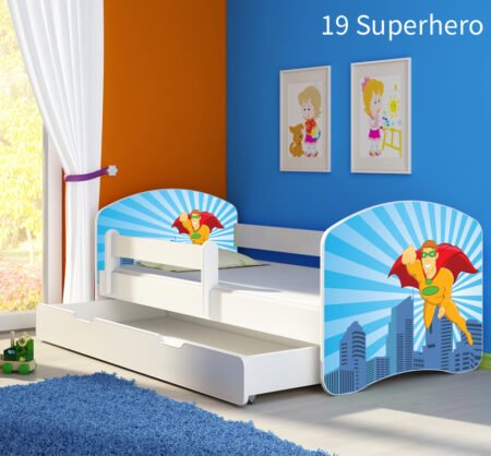 Dječji krevet ACMA s motivom, bočna bijela + ladica 180x80 cm 19 Superhero