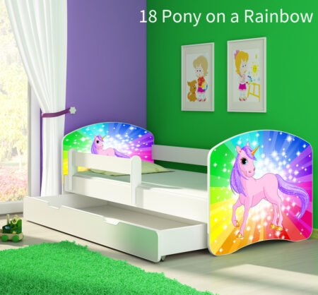 Dječji krevet ACMA s motivom, bočna bijela + ladica 160x80 cm 18 Pony on a rainbow