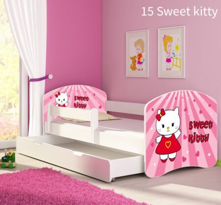 Dječji krevet ACMA s motivom, bočna bijela + ladica 180x80 cm 15 Sweet Kitty