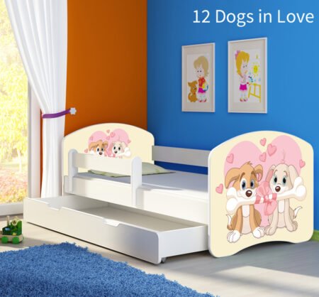 Dječji krevet ACMA s motivom, bočna bijela + ladica 180x80 cm 12 Dogs in Love