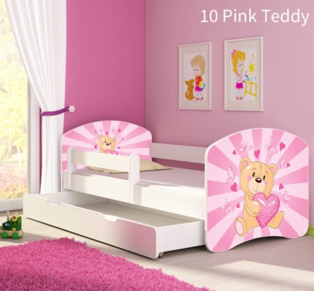 Dječji krevet ACMA s motivom, bočna bijela + ladica 180x80 cm 10 Pink Teddy Bear