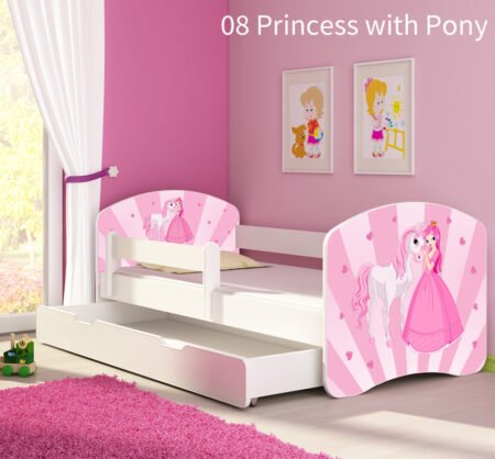 Dječji krevet ACMA s motivom, bočna bijela + ladica 160x80 cm 08 Princess with Pony