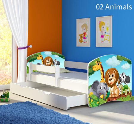 Dječji krevet ACMA s motivom, bočna bijela + ladica 180x80 cm 02 Animals