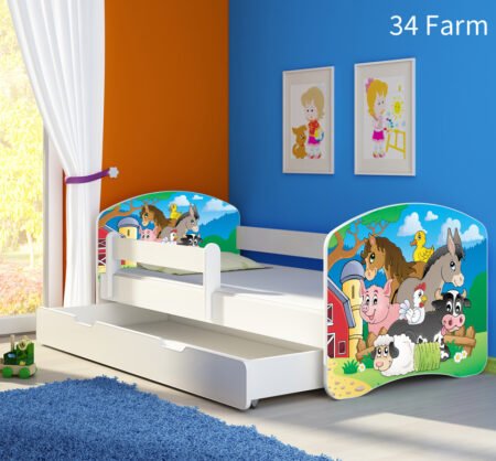 Dječji krevet ACMA s motivom, bočna bijela + ladica 160x80 cm 34 Farm