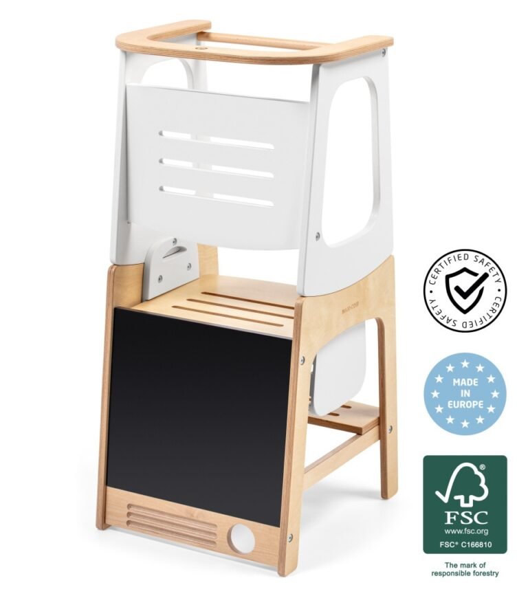 Maxi-Cosi edukativni toranj Toucan 3u1 - Natural Wood/White Montessori toranj za učenje, stol i stolica